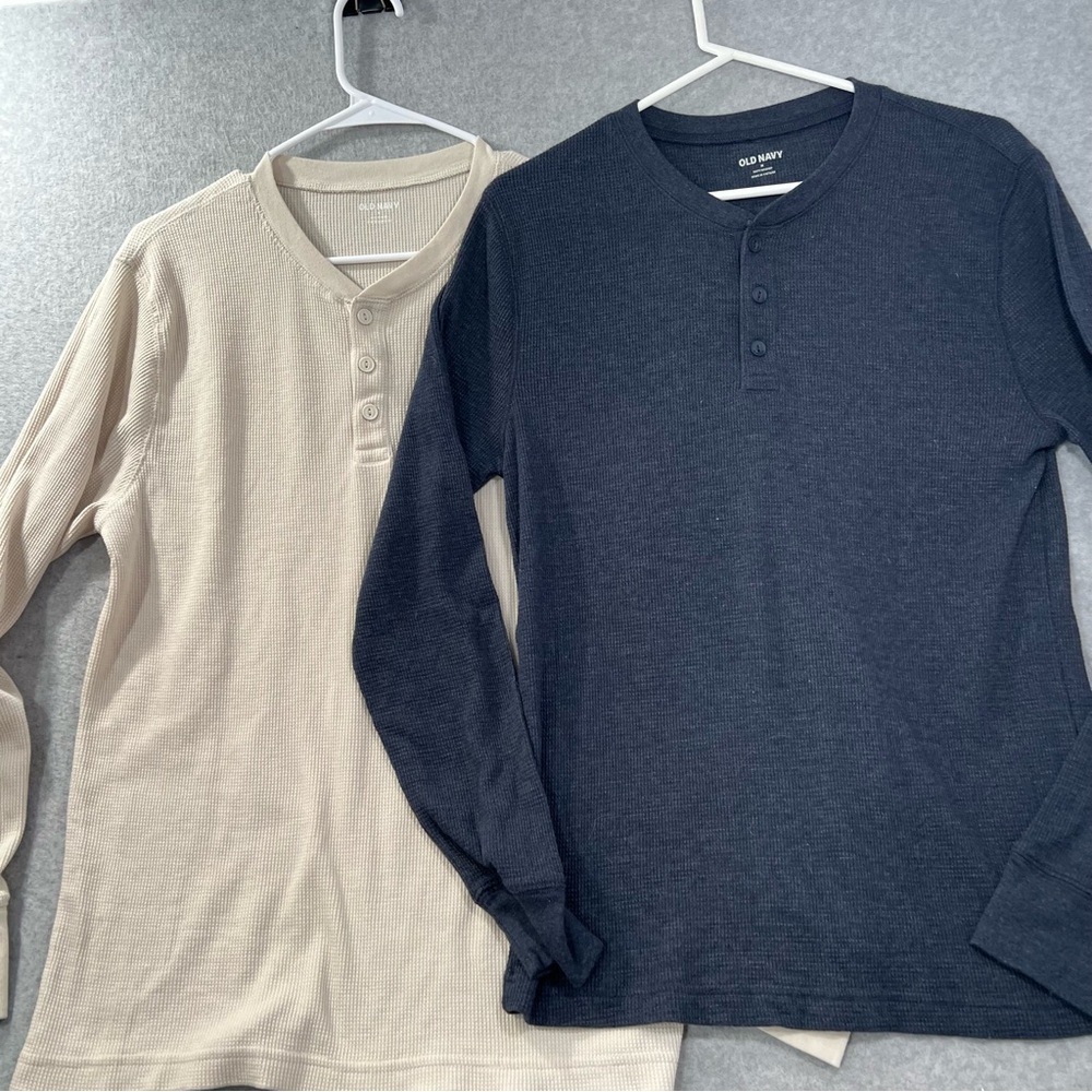Two Old Navy Men's Navy and Cream Henley long sleeve medium